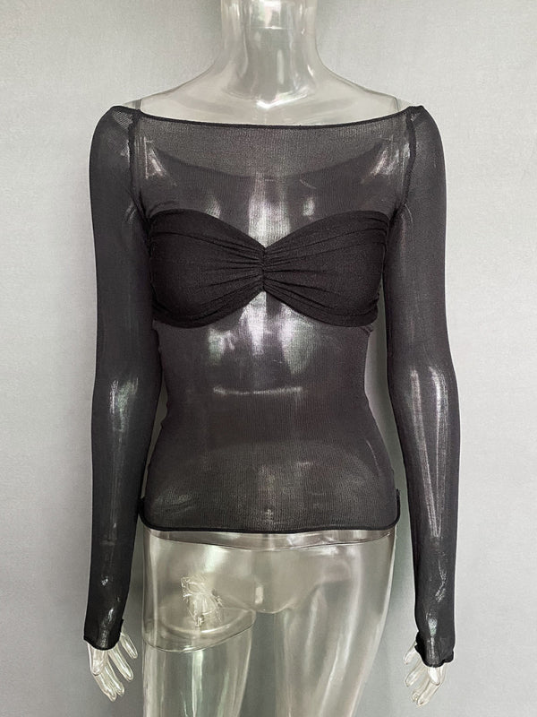 New Fashion Women’s Clothing Lightweight See-Through Neck T-Shirt Top - Black / S