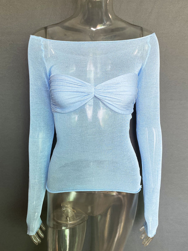 New Fashion Women’s Clothing Lightweight See-Through Neck T-Shirt Top - Sky blue azure / S