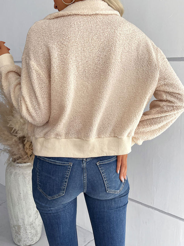 New fashion women’s solid color long-sleeved lapel sherpa jacket