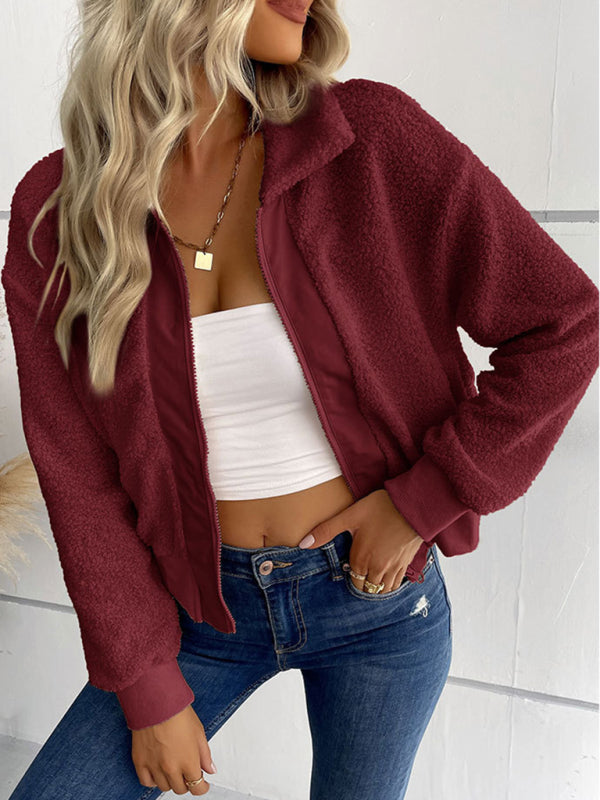 New fashion women’s solid color long-sleeved lapel sherpa jacket - Wine Red / S