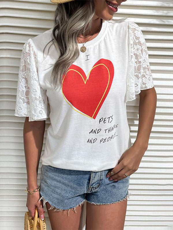 New Fashion Women’s Valentine’s Day Clothing Printed Short Sleeve T-Shirt - White / S
