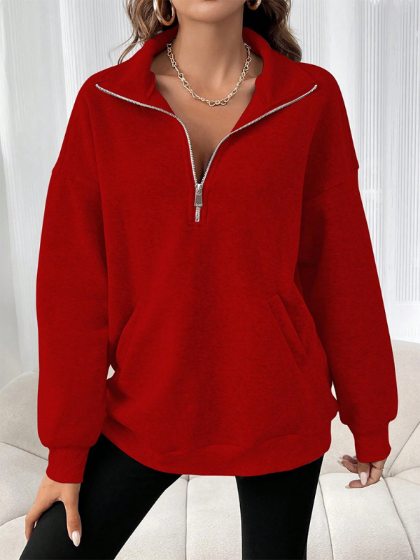New fashion zipper lapel solid color casual sweater - Red / S