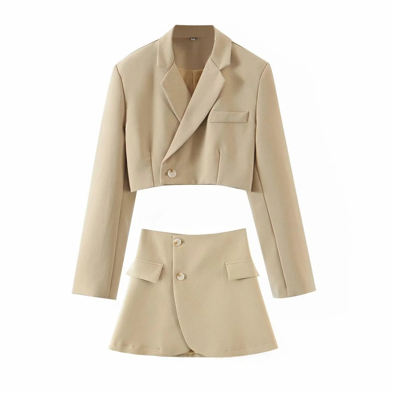 New fashionable casual diagonal button short blazer + high waist pocket skirt suit - Khaki / S