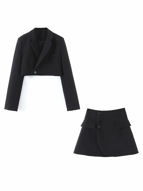 New fashionable casual diagonal button short blazer + high waist pocket skirt suit - Black / S