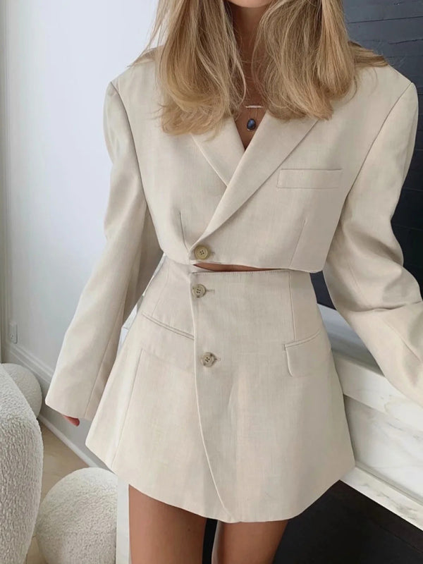 New fashionable casual diagonal button short blazer + high waist pocket skirt suit - White / S