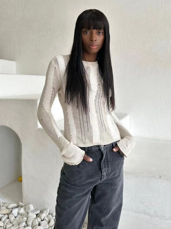 New Fashionable Hole Contrast Color Plush Striped Round Neck Fashion Sweater - White / S