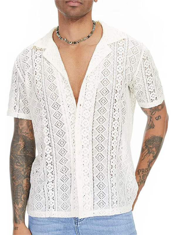 New fashionable lace floral button hollow see-through short-sleeved shirt - White / S
