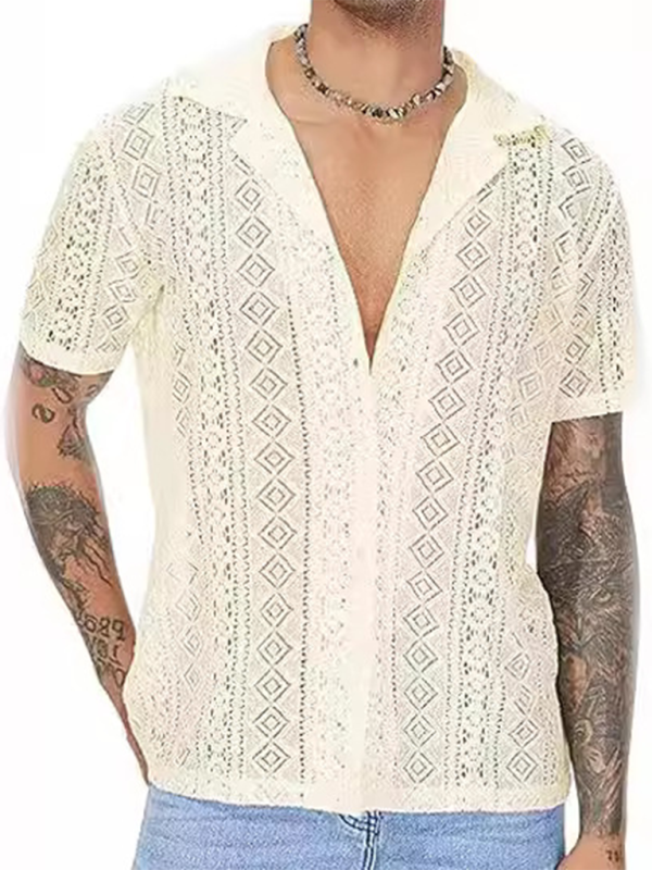 New fashionable lace floral button hollow see-through short-sleeved shirt - Cracker khaki / S