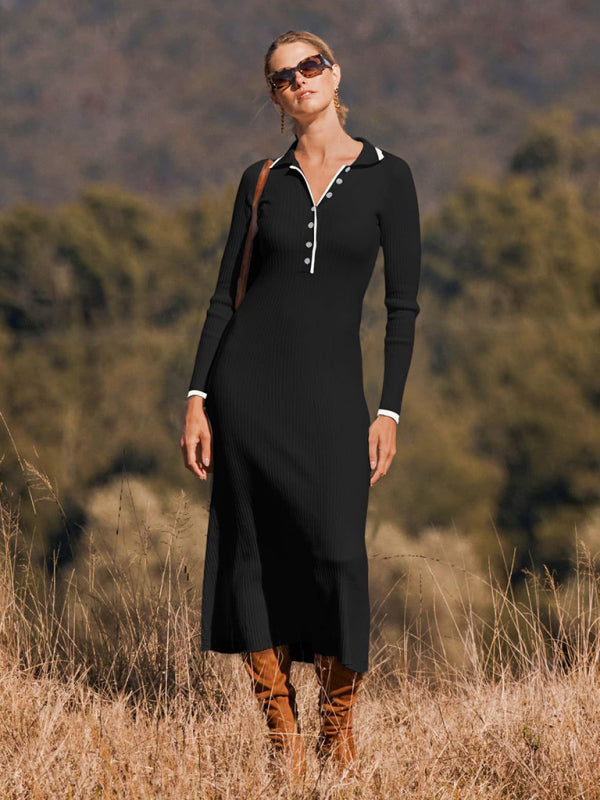 New fashionable lapel knitted slim fit hip-hugging long-sleeved dress - Black / S
