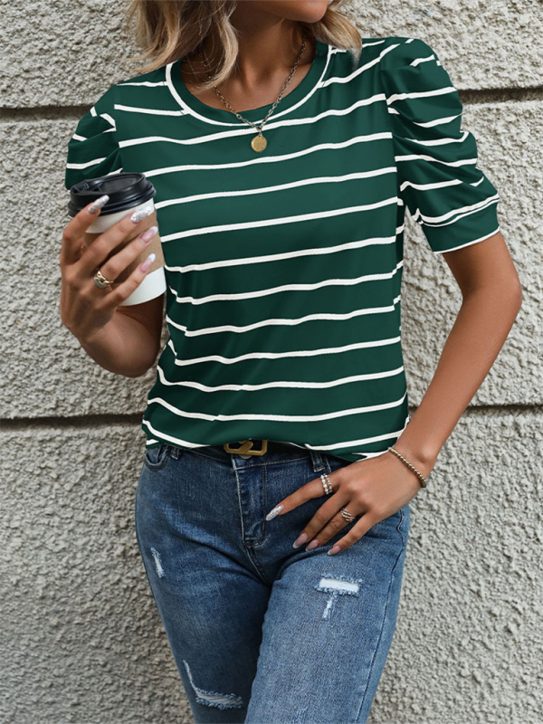 New Fashionable Puff Sleeve Striped T-Shirt - Green black jasper / S