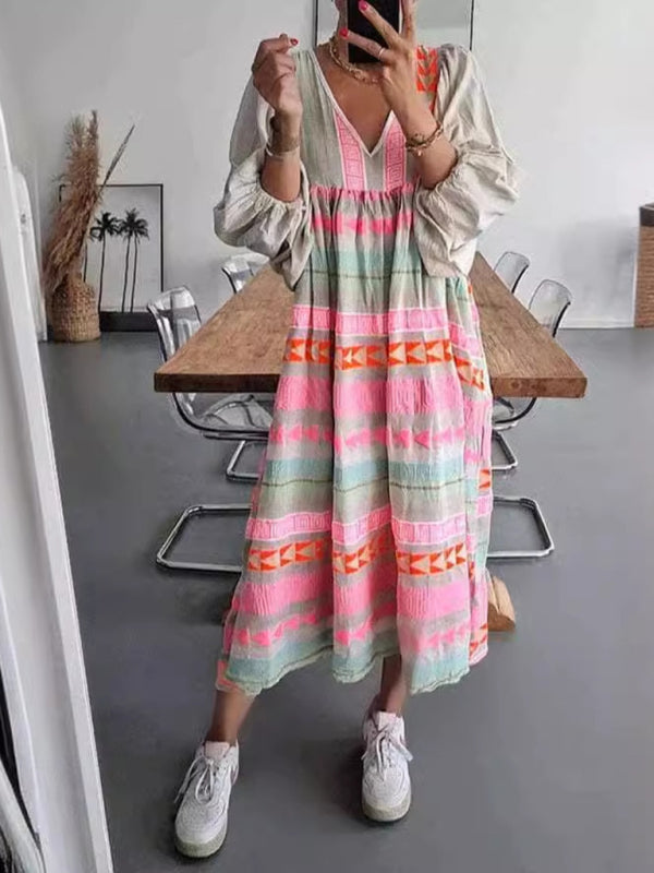 New fashionable pullover deep V-neck loose puff sleeve colorful casual dress - Pink / S