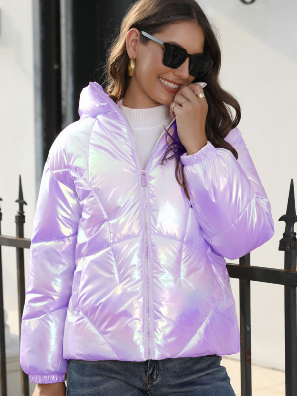 New Fashionable Shiny Cotton Hooded Bread Jacket Warm Cotton Jacket - Purple / S