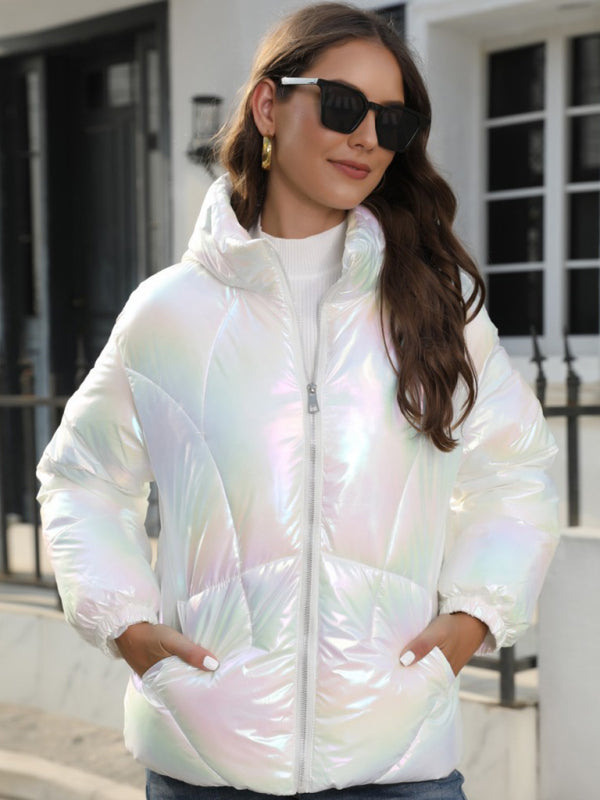 New Fashionable Shiny Cotton Hooded Bread Jacket Warm Cotton Jacket - White / S