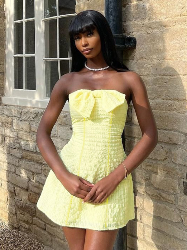New fashionable solid color bow tube top sexy slim short dress - Yellow / S