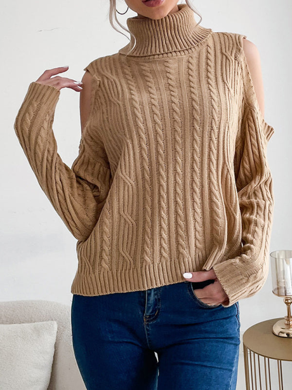 New fashionable women’s bottoming turtleneck solid color long-sleeved twist off-shoulder sweater - Khaki / S