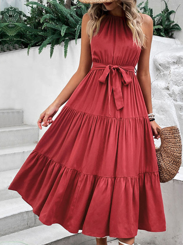 New fashionable women’s halterneck solid color mid-length dress