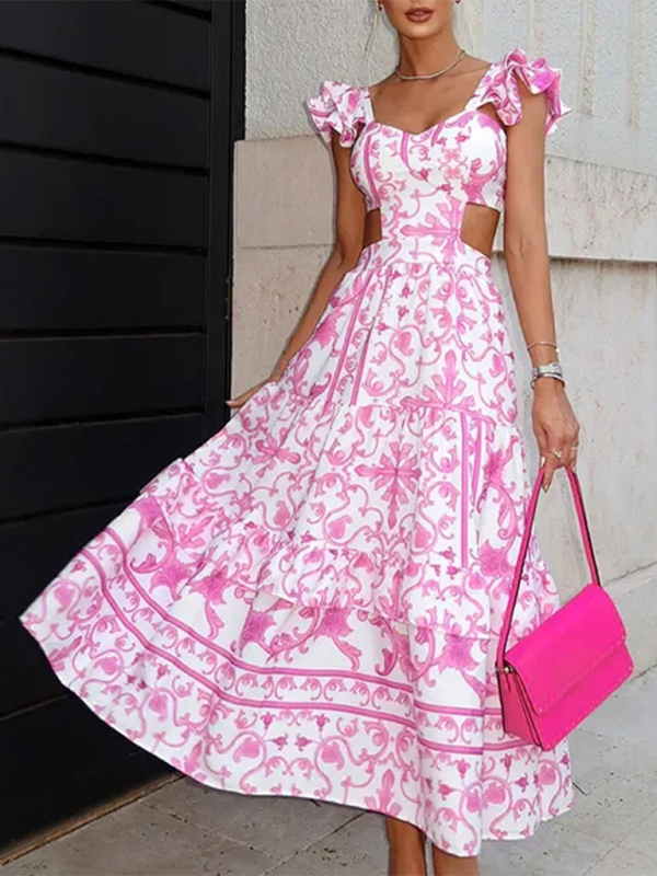New floral print women’s hollow dress - Pink / S