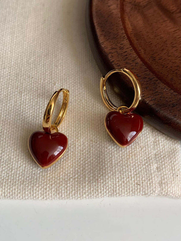Gold hoop earrings with red heart charms from New French drip glaze love retro earrings collection