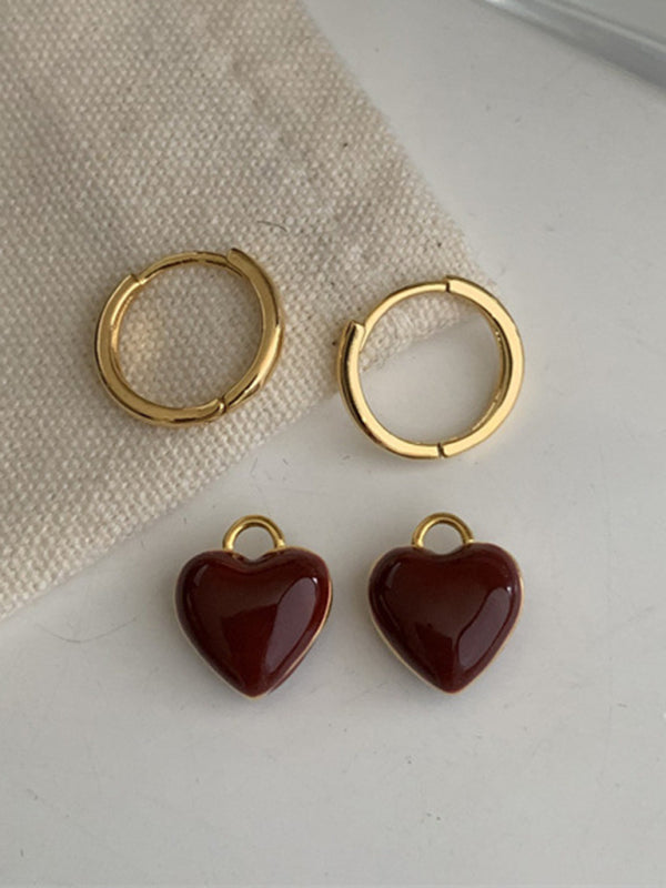 Gold hoop earrings with red heart charms from New French Drip Glaze Love Retro Earrings collection