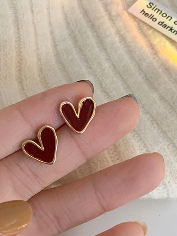 Burgundy heart-shaped love retro earrings from New French drip glaze red love retro earrings collection
