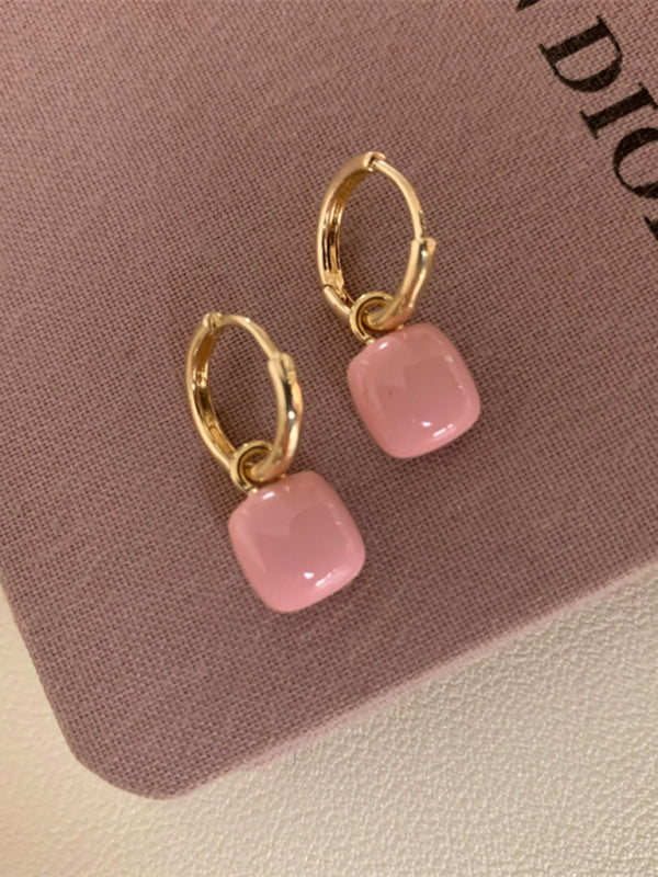 Gold hoop earrings with pink square pendants from New French Drip Glaze Red Love Retro Earrings collection