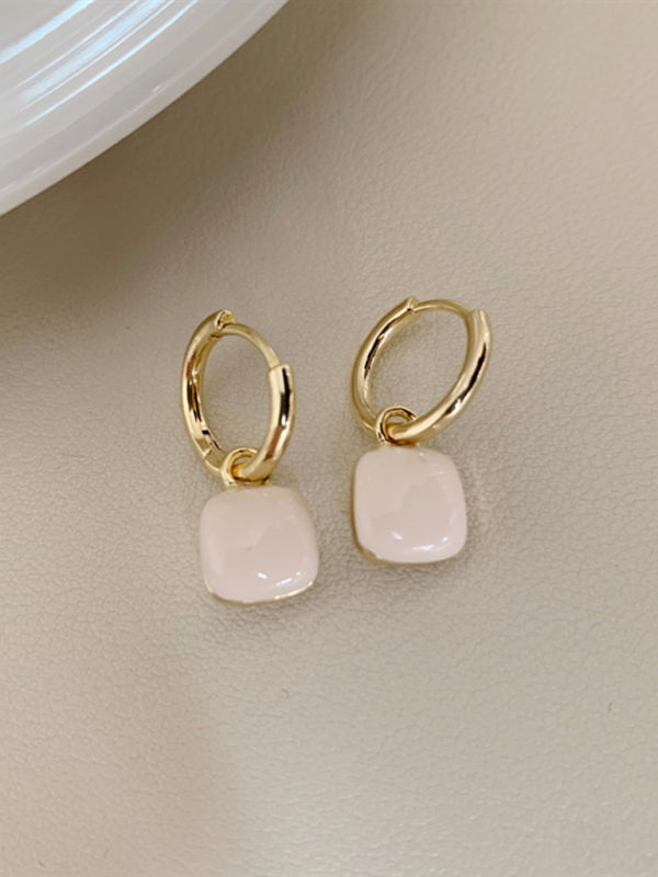 Gold hoop earrings with cream-colored square pendants from New French drip glaze red love retro earrings collection