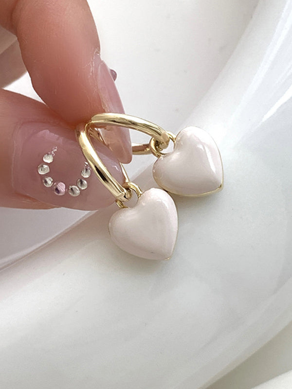 Gold hoop earrings with white heart charms from New French Drip Glaze Red Love Retro Earrings collection