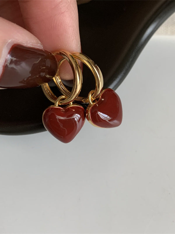 Gold hoop earrings with red heart charms from New French Drip Glaze Love Retro Earrings collection