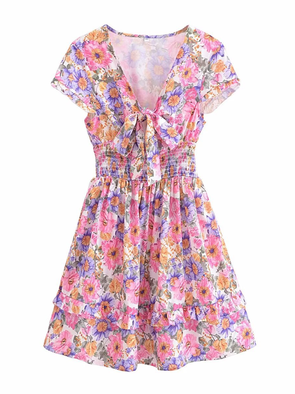 New French floral chest tie waist stitching A-line skirt short-sleeved dress - Pink / XS