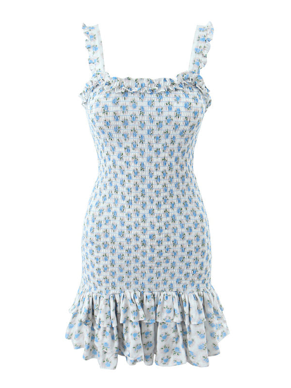 New French holiday style ruffled cake layered body elastic rose strap dress - Blue / S