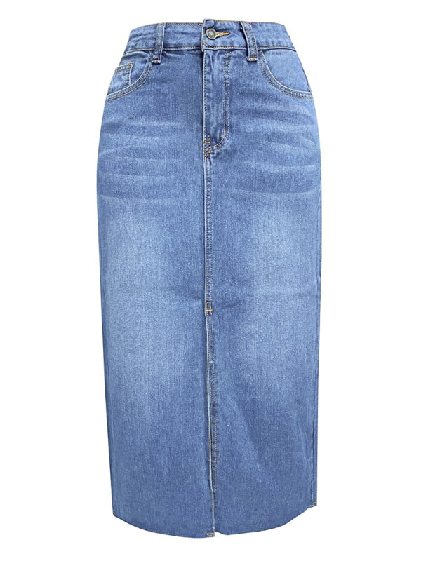 New front slit denim high waist a line mid length skirt