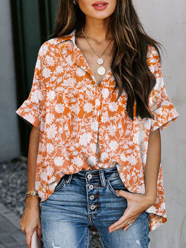 New half open V-neck leopard print short-sleeved shirt - Orange / S