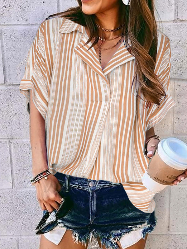 New half open V-neck leopard print short-sleeved shirt - Yellow / S