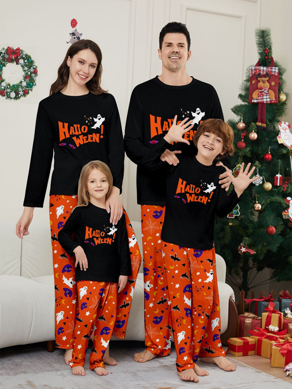 New Halloween parent-child pajamas set of long-sleeved two-piece devil’s eyes letter-printed homewear - Black / S