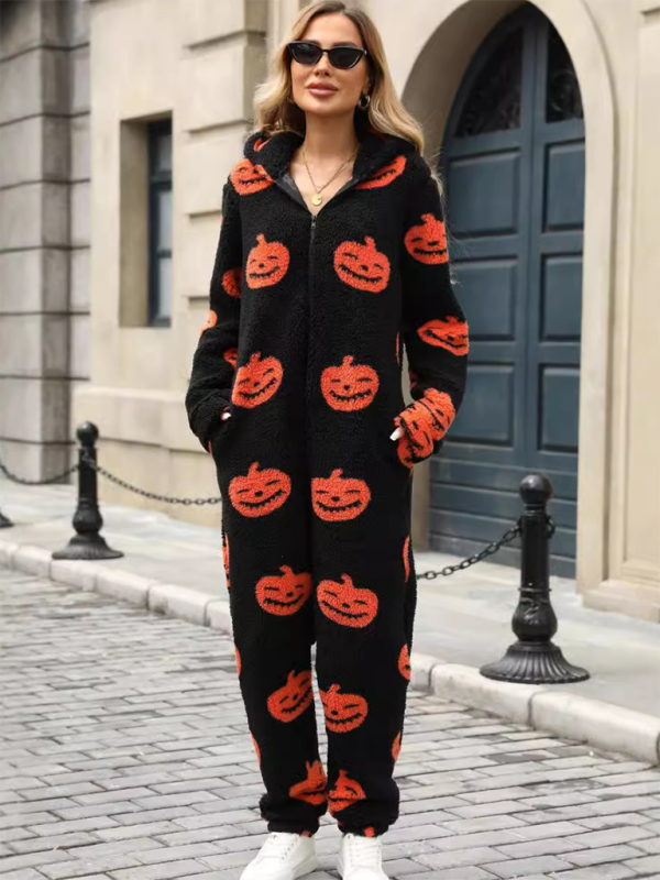 New Halloween Pumpkin Print Zipper Loose Plush Jumpsuit - Black / S