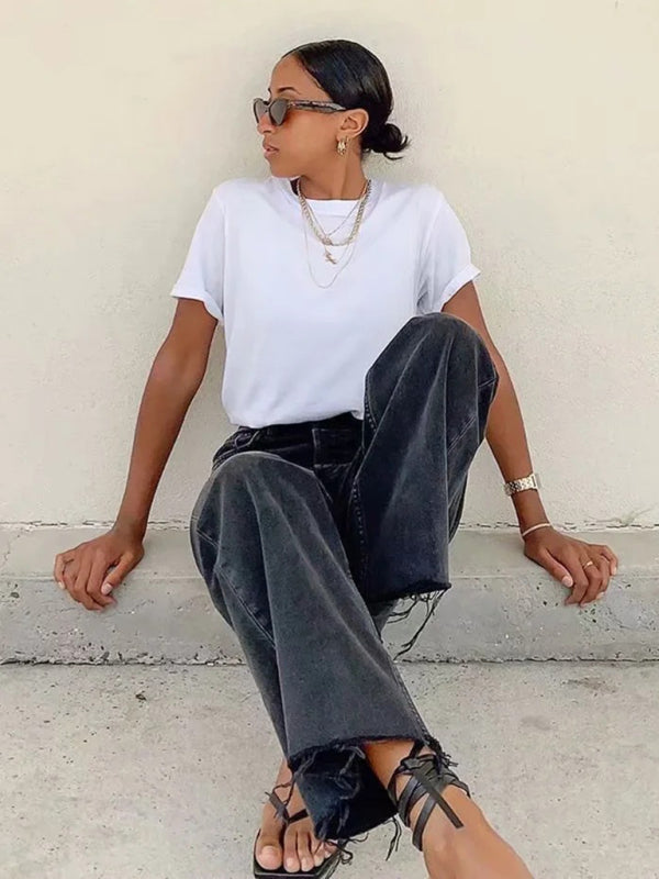 New high-waist floor-length loose slimming straight wide-leg jeans - Black / XS