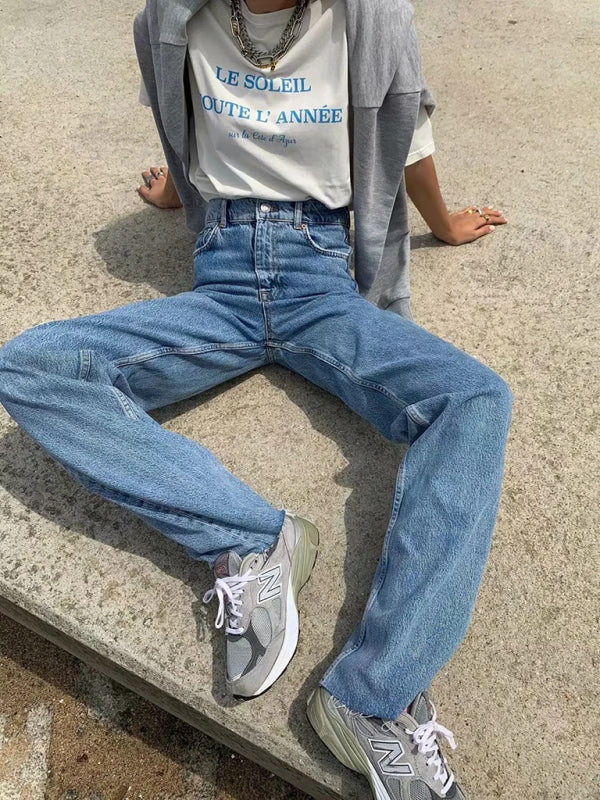 New high-waist floor-length loose slimming straight wide-leg jeans - Purplish blue navy / XS