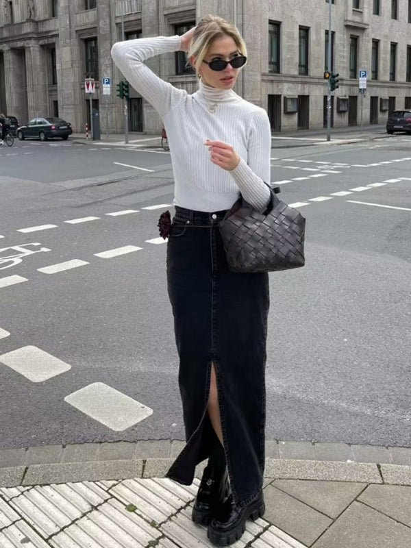 New high waist slim denim skirt one step skirt - Black / XS