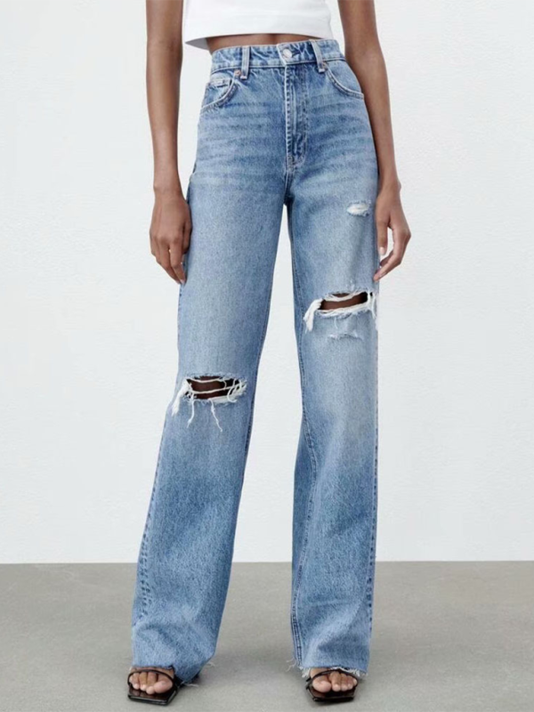 New high waist versatile ripped blue wide leg jeans - Blue / XS