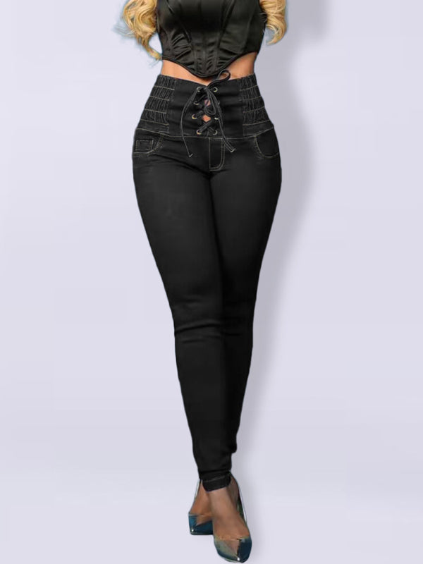 New high-waisted slimming butt-lifting strappy slim-fitting jeans - Black / S