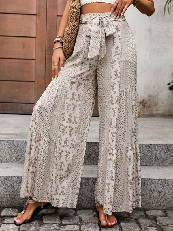 New high-waisted wide-leg trousers with stitching ethnic style casual wide-leg trousers - Cracker khaki / S