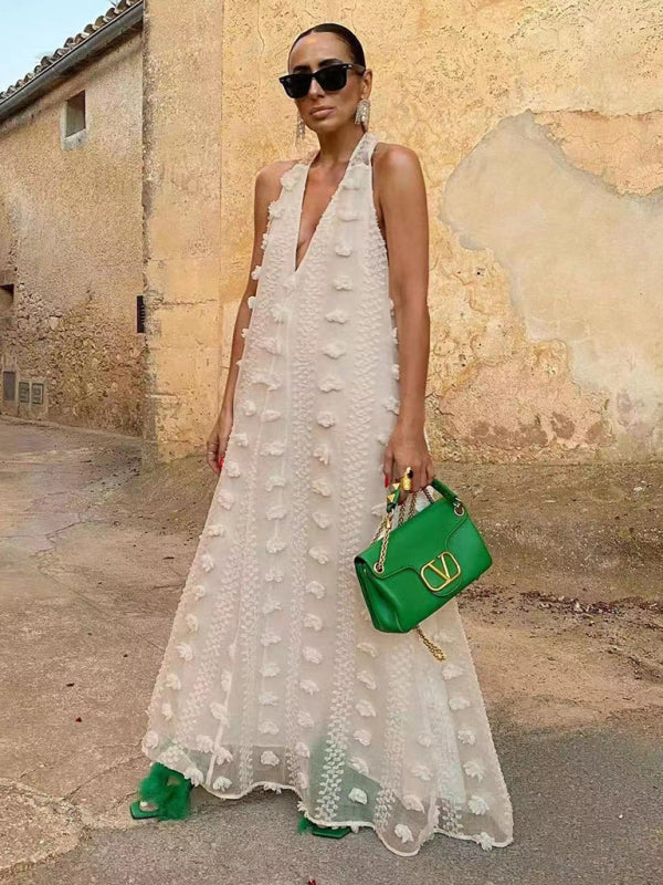 New holiday style halter neck V-neck three-dimensional flower ribbon swing dress - Cracker khaki / S