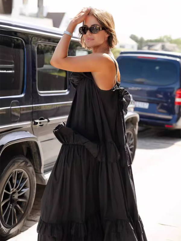 New holiday style ruffled long dress with long swing and elegant beach dress - Black / S