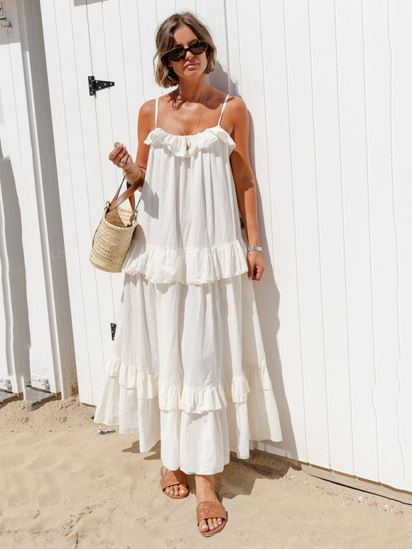 New holiday style ruffled long dress with long swing and elegant beach dress - White / S