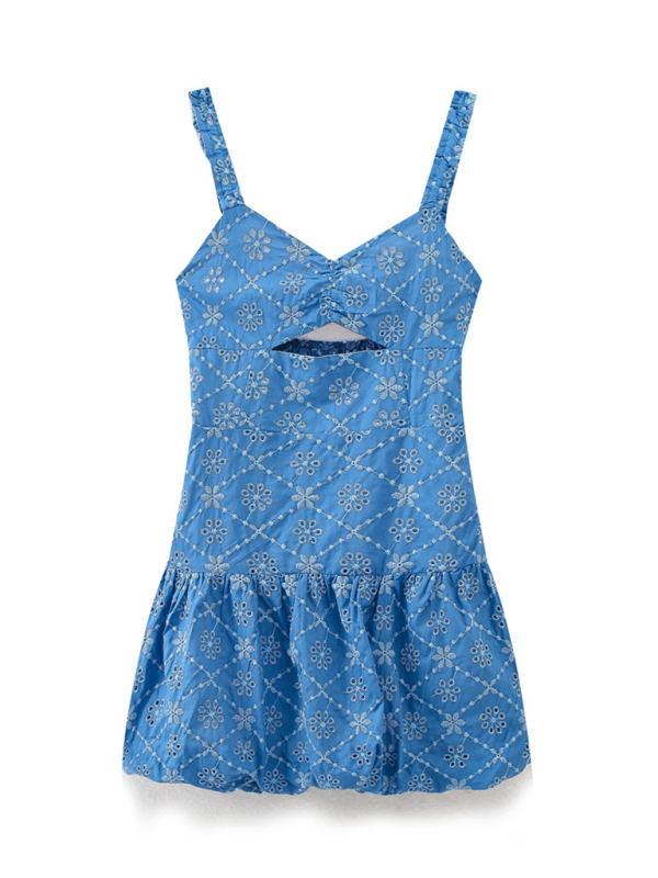 New hollow embroidery mini suspender dress - Acid blue / XS
