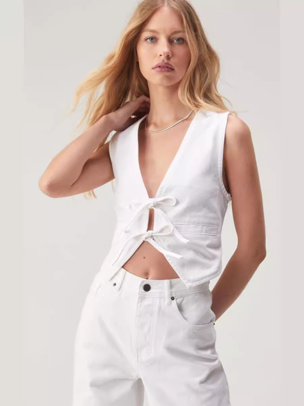New Hot Girl Sexy Denim Deep V Vest - White / S