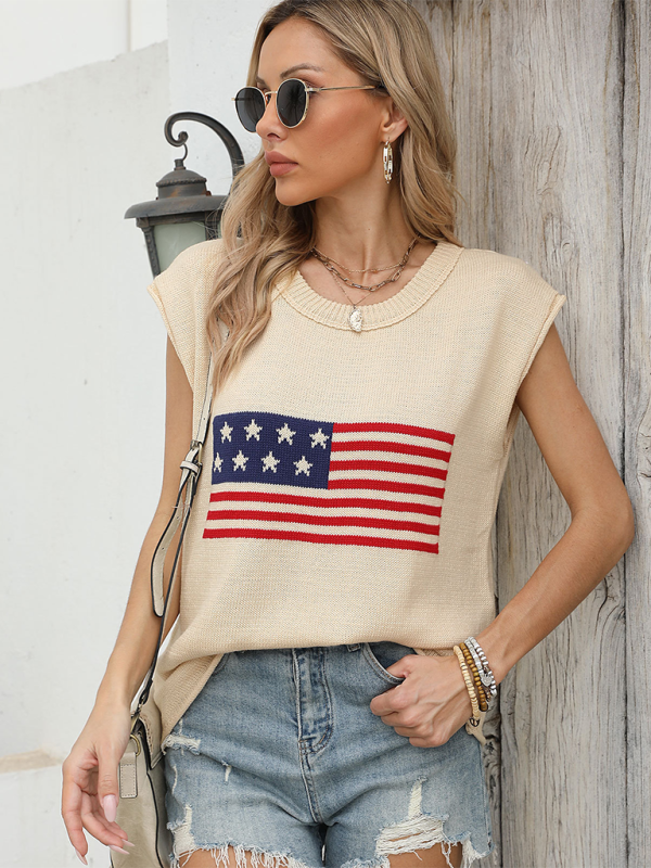 New Independence Day Round Neck Flag Knit Short Sleeve Sweater - Cracker khaki / S