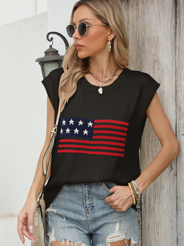 New Independence Day Round Neck Flag Knit Short Sleeve Sweater - Black / S
