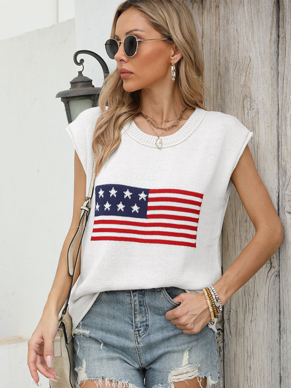 New Independence Day Round Neck Flag Knit Short Sleeve Sweater - White / S