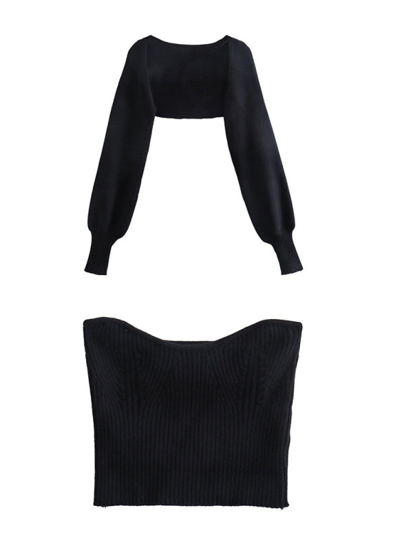 New Knitted Sleeves + Sexy Slim Tube Top Two-piece Set - Black / S